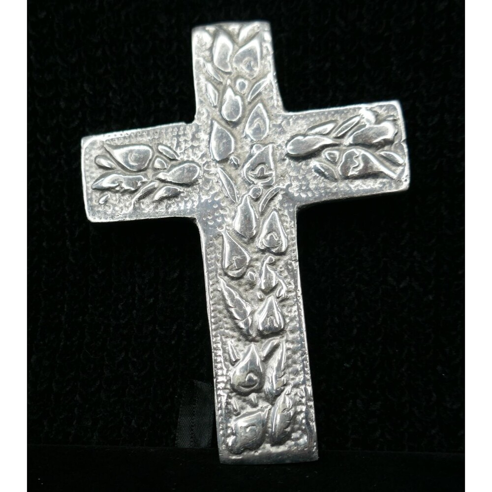 Polished Cast Pewter Wall Cross Embossed Leaves Flames 5 inch - Picture 1 of 6